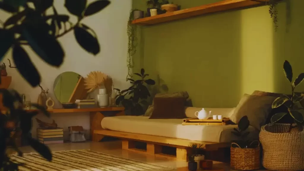 Psicologia das cores na decoração, sala moderna com paredes em verde.