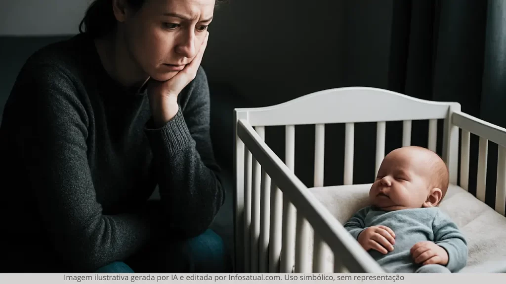 Mulher observando bebê reborn de forma pensativa em berço branco, simbolizando solidão e afeto simbólico