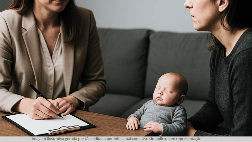 Sessão de terapia psicológica com bebê reborn sobre a mesa entre terapeuta e paciente, representando tratamento simbólico e saúde mental