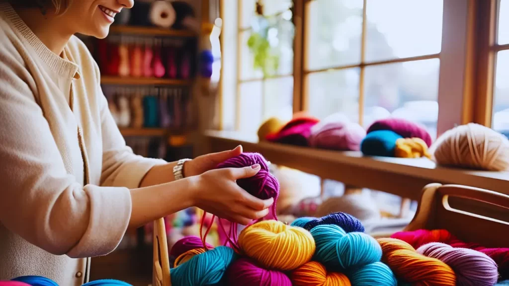 Uma mulher escolhendo fios, com foco nas mãos e nas cores vibrantes.