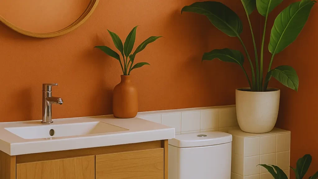 Banheiro aconchegante com parede terracota e elementos naturais, tendência de cor em 2025.