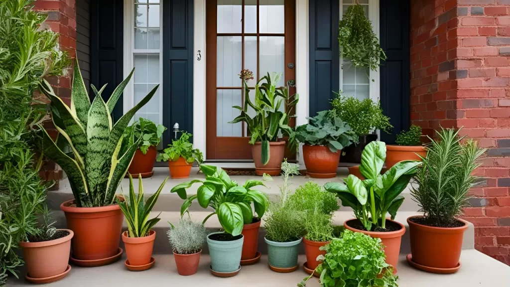 Um canto da casa com várias plantas.