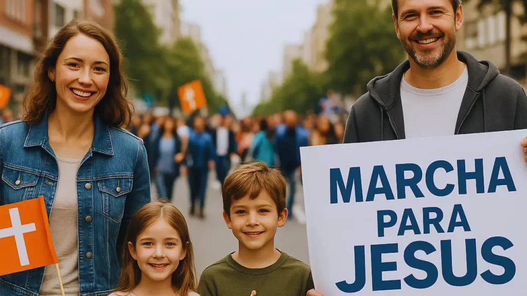 Família com crianças participando da Marcha para Jesus 2025, demonstrando união e fé