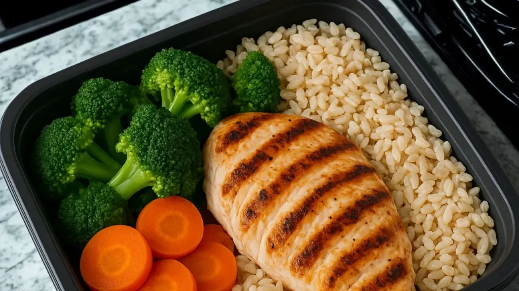 Frango grelhado com legumes em marmitas fetness rápidas