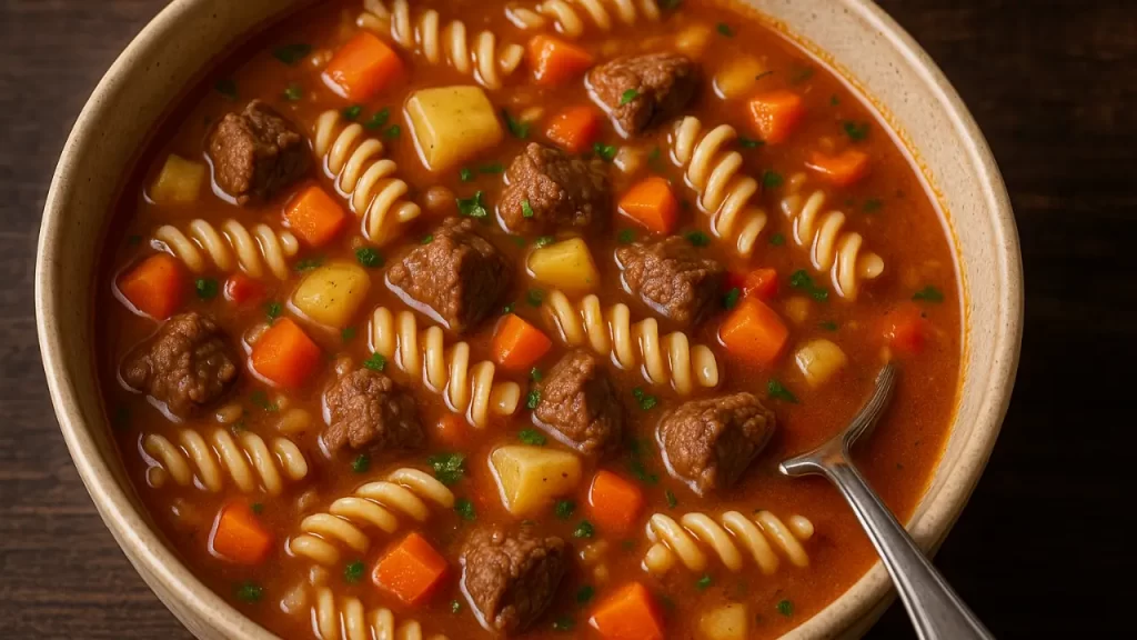 Sopas com macarrão parafuso, carne e legumes