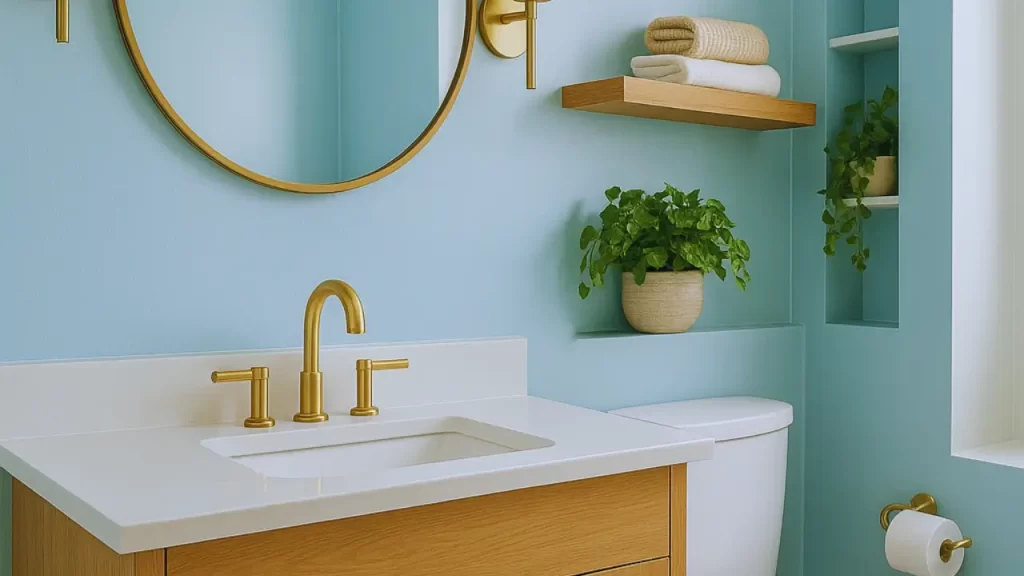 Inspiração de banheiro com azul serenity e toques dourados para um visual tranquilo e elegante.