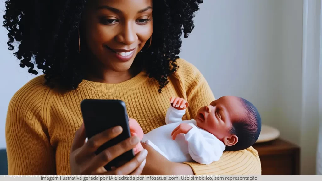Mulher segurando bebê reborn no colo enquanto navega no celular, ilustrando exposição nas redes sociais e busca por validação emocional