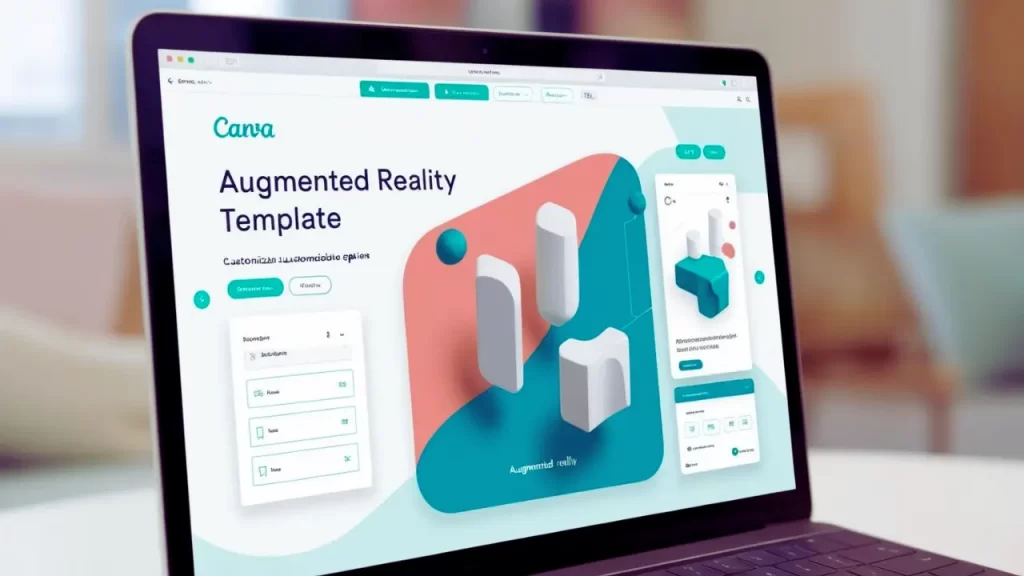 Template de Realidade Aumentada nos Novos Recursos do Canva 2025, com elementos gráficos 3D para filtros interativos.