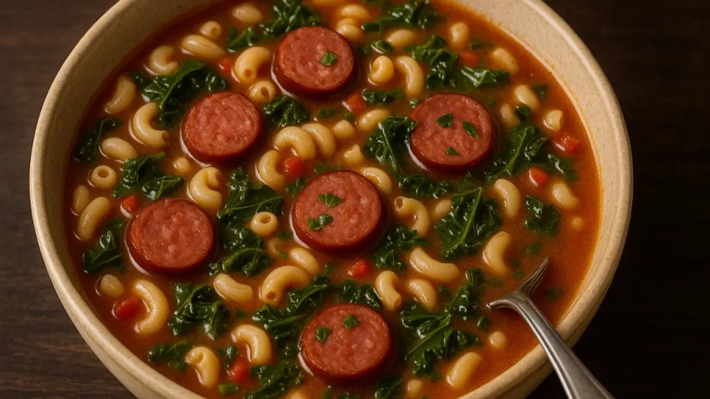 Sopas com Macarrão , Calabresa e Couve
