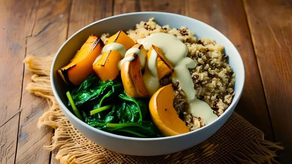 Bowl de arroz integral, abóbora e espinafre