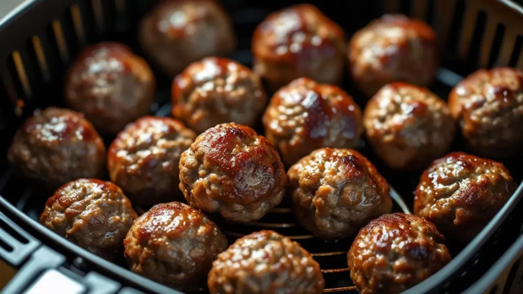 Mini almôndegas douradas feitas na airfryer, servidas como petisco