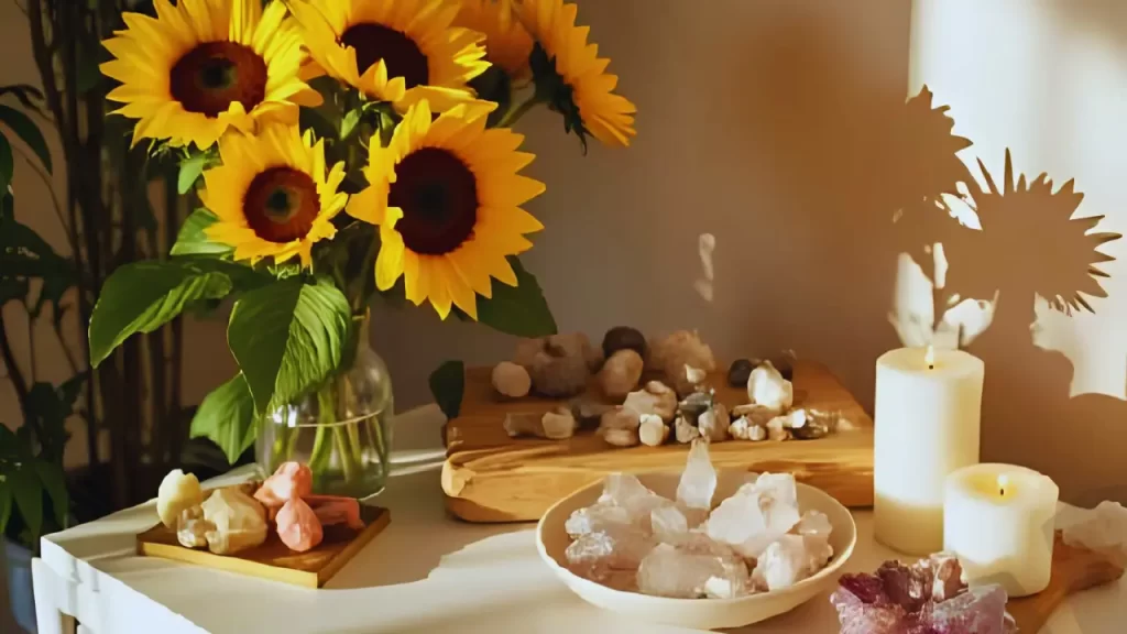 Altar espiritual com girassóis, cristais e velas para conexão energética