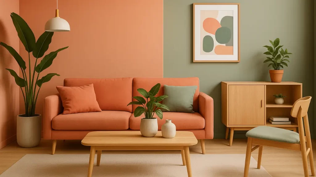 Ambiente contemporâneo com tons salmão e verde-sálvia, móveis de madeira clara e decoração com plantas.