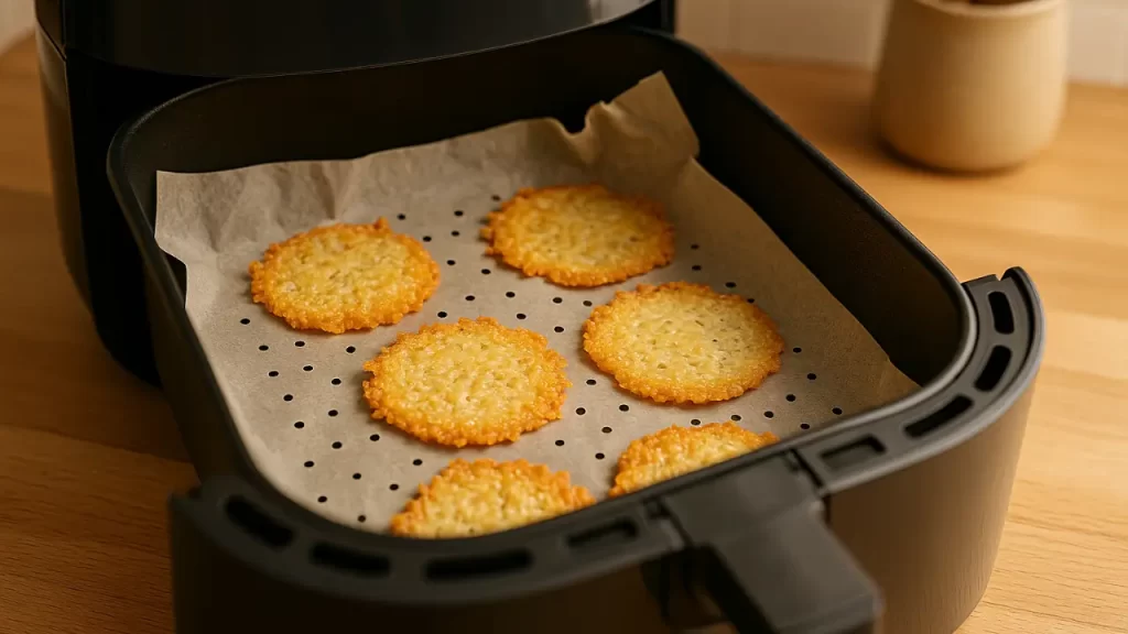 Chips crocantes de queijo parmesão feitos na airfryer.