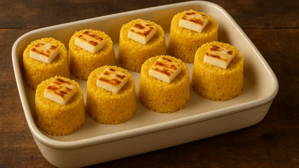 Cuscuz salgado com queijo coalho compondo mesa junina completa