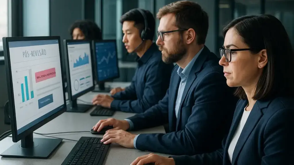  um profissional preocupado observa gráficos de queda de alcance e notificações de risco jurídico.