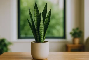 Espada de São Jorge em vaso de cerâmica sobre mesa de madeira, com fundo desfocado e janela ao fundo.