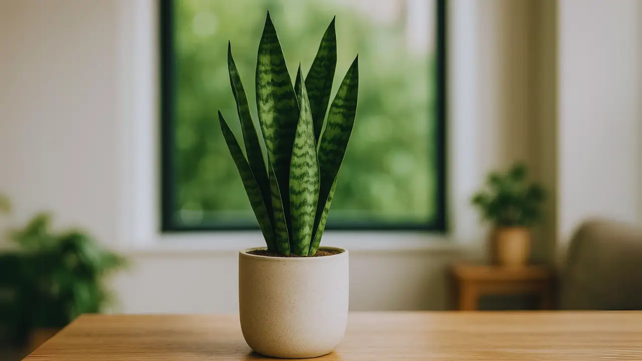 Espada de São Jorge em vaso de cerâmica sobre mesa de madeira, com fundo desfocado e janela ao fundo.