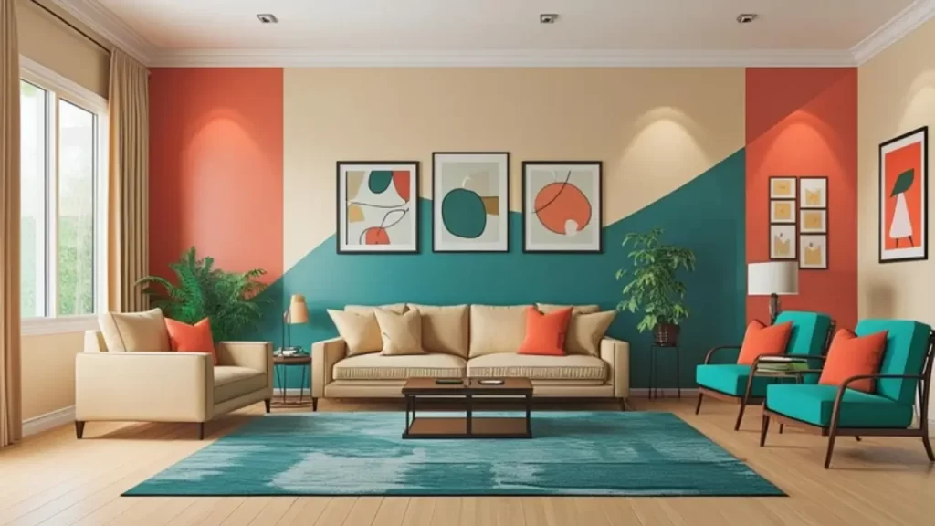 “Infográfico visual de uma sala mostrando a aplicação da regra 60-30-10: 60% cor base nas paredes e sofá, 30% cor secundária nos móveis e tapete, 10% cor de destaque em almofadas e quadros.