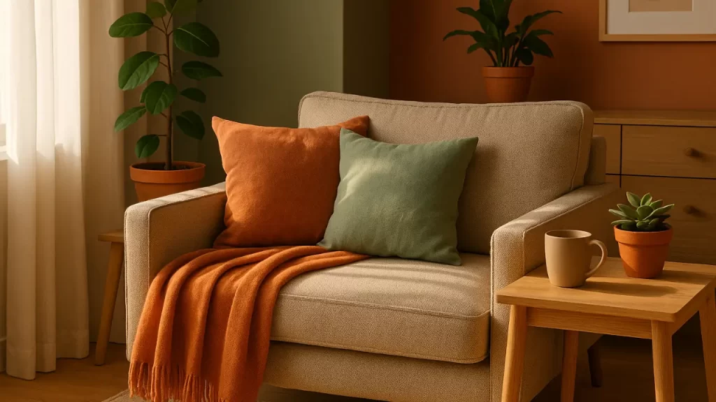 Cantinho de leitura aconchegante com manta laranja, almofadas verde-água e decoração em tons quentes sob luz natural.