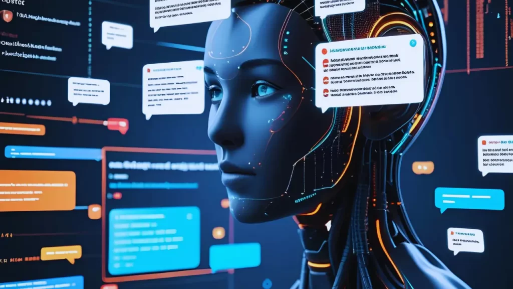 Interface de inteligência artificial analisando mensagens em uma tela, com gráficos e códigos flutuantes ao fundo, simulando um processo de detecção de mentira digital.