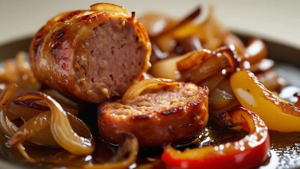 Linguiça com legumes assados na airfryer.