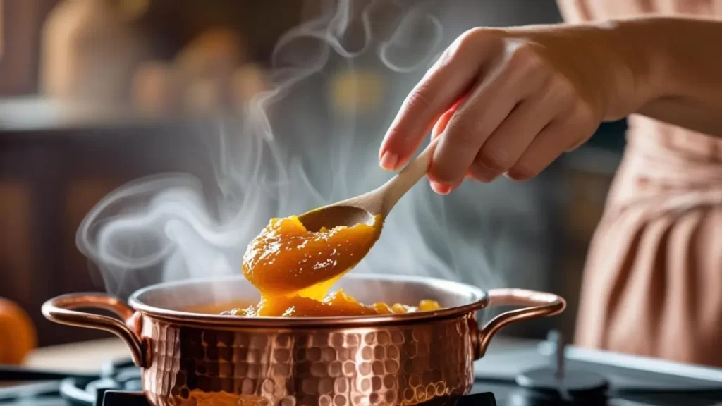 Mãos mexendo doce de abóbora em panela de cobre