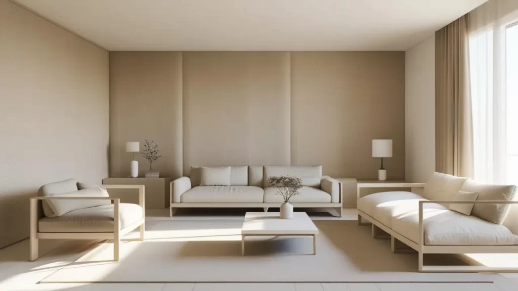 Paleta de cores neutras aplicada em ambiente elegante: tons de bege, cinza, branco e taupe em sala bem iluminada. Móveis minimalistas.