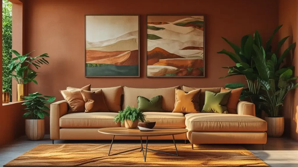 Sala de estar moderna com paleta de cores terrosas: terracota, areia, caramelo e verde oliva.