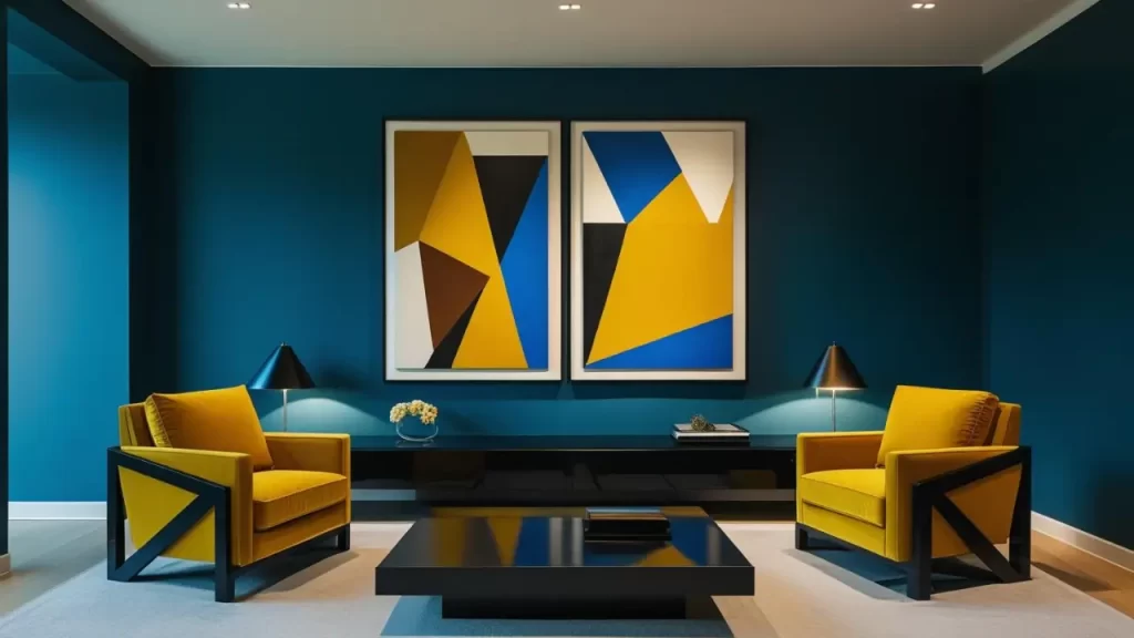Ambiente decorado com paleta contrastante: azul petróleo, amarelo mostarda e preto.