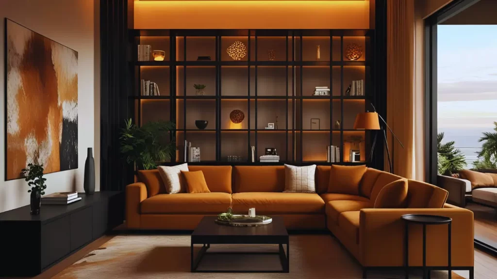 Sala moderna com sofá caramelo, estrutura preta e iluminação quente, combinações de cores perfeitas.