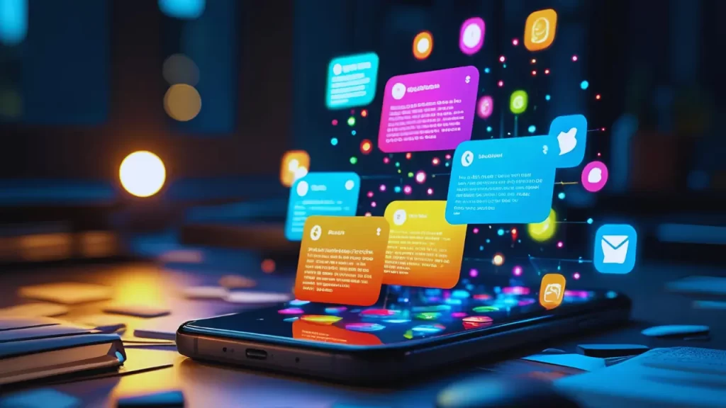 Smartphone exibindo diversas notificações e alertas, destacando o desafio do excesso de informações digitais.