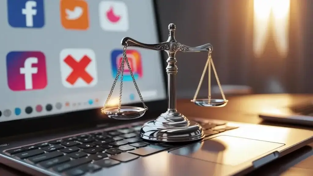Um notebook com redes socias e uma balança, simbolizando legislação.