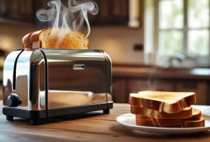 Pão Congelado Mais Saudável, tostado saindo da torradeira com vapor, representando pão congelado e reaquecido de forma mais saudável