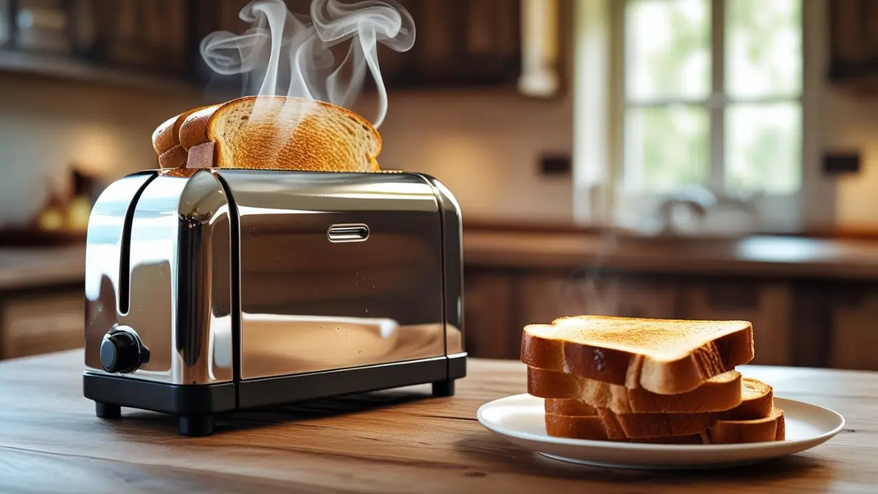 Pão Congelado Mais Saudável, tostado saindo da torradeira com vapor, representando pão congelado e reaquecido de forma mais saudável