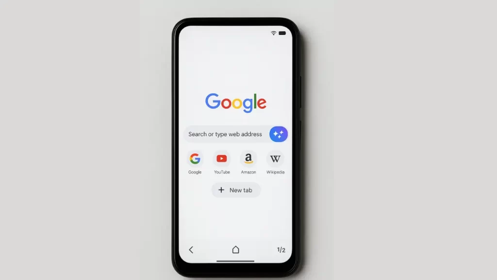 Tela inicial do navegador Chrome com ícones de IA, Google, YouTube, Amazon e Wikipedia em destaque.