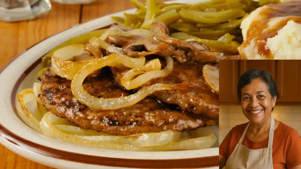 Bife acebolado da vovó, com cebola, purê