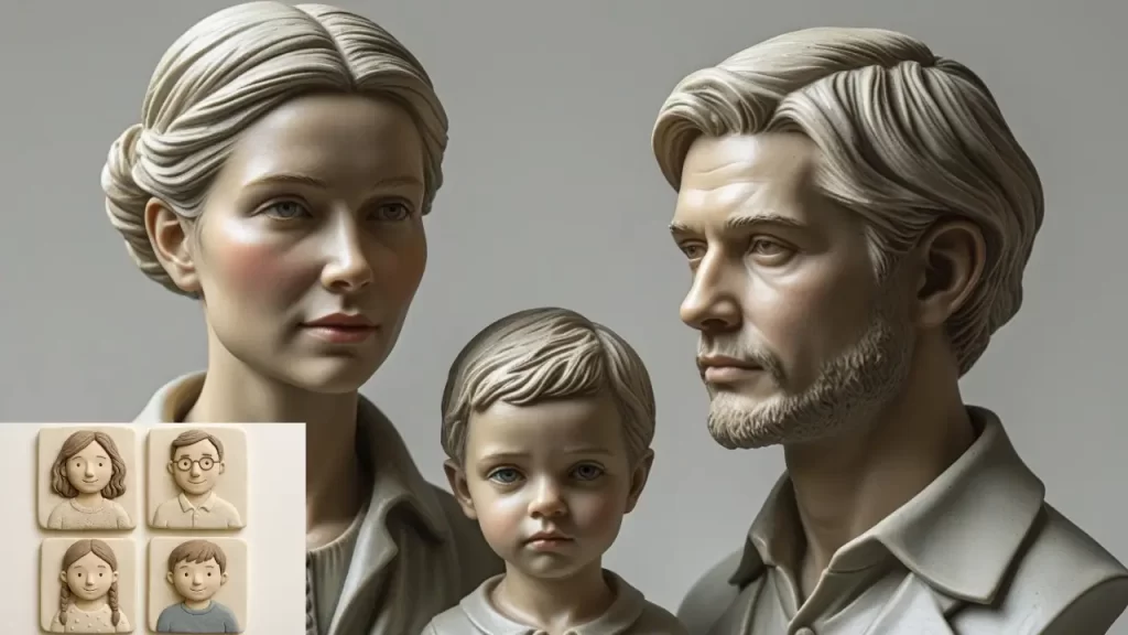 Retratos artesanais de cerâmica fria com traços delicados de membros da família