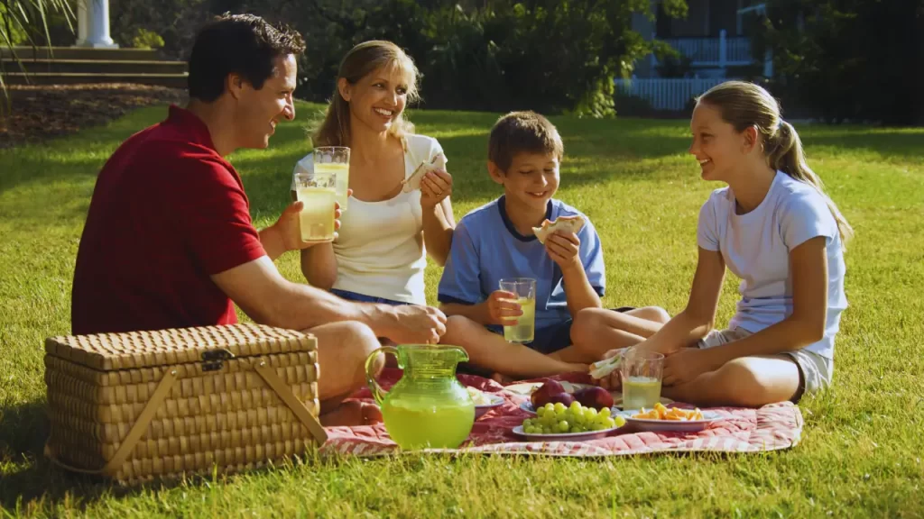 Família fazendo piquenique em um parque com crianças brincando