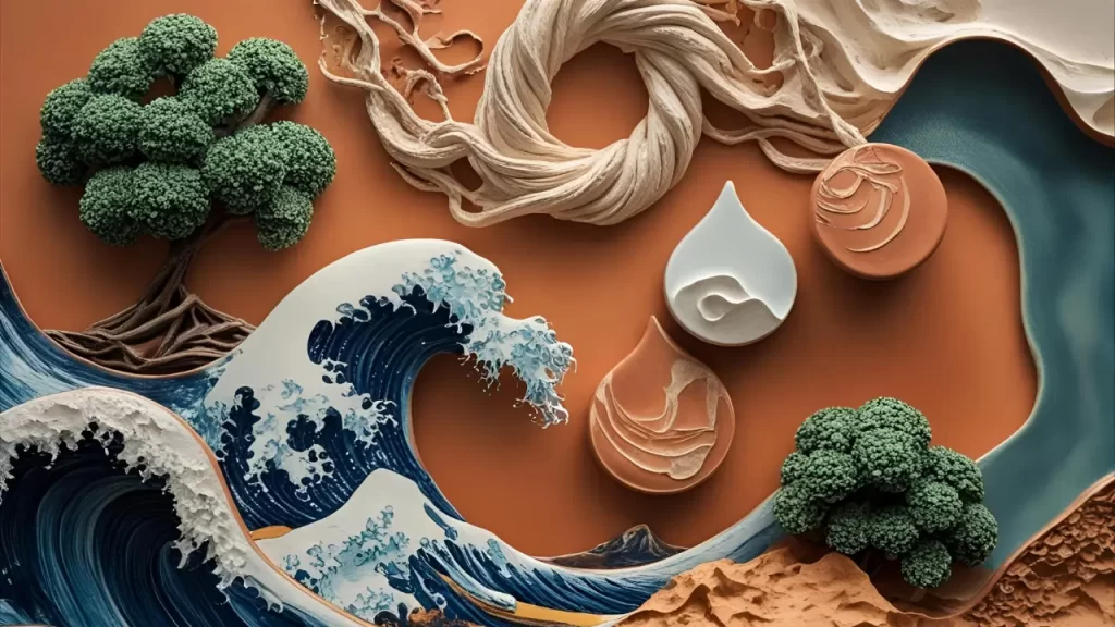 Representação de símbolos naturais e espirituais em cerâmica fria