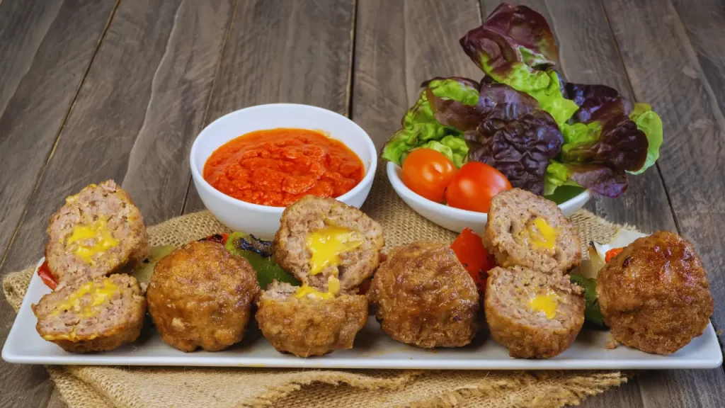  Almôndegas recheadas com queijo e molho vermelho