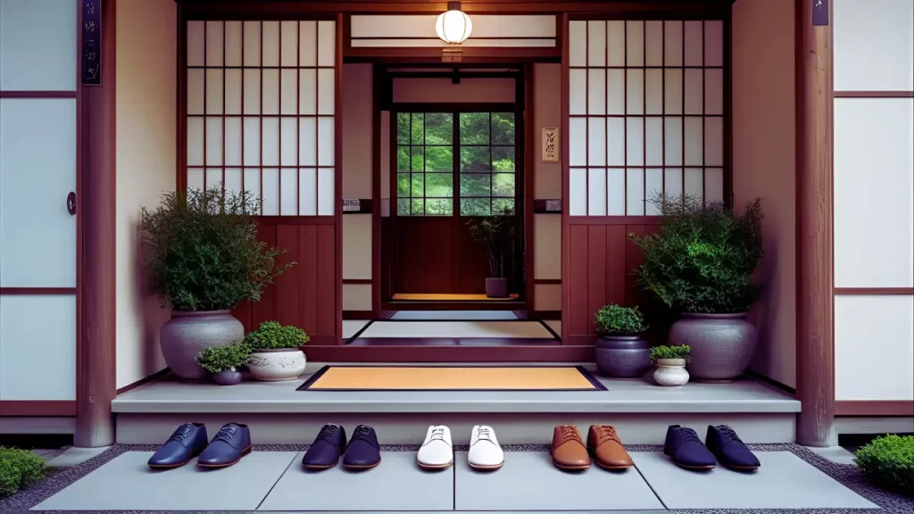 Entrada japonesa organizada com sapatos arrumados.