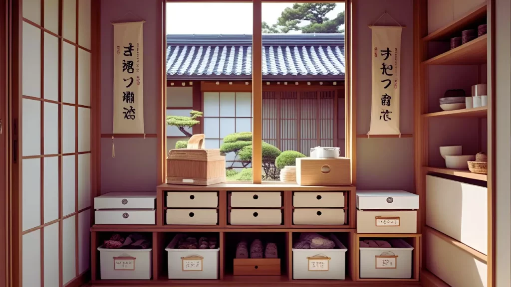 Organização japonesa com caixas e divisórias práticas.