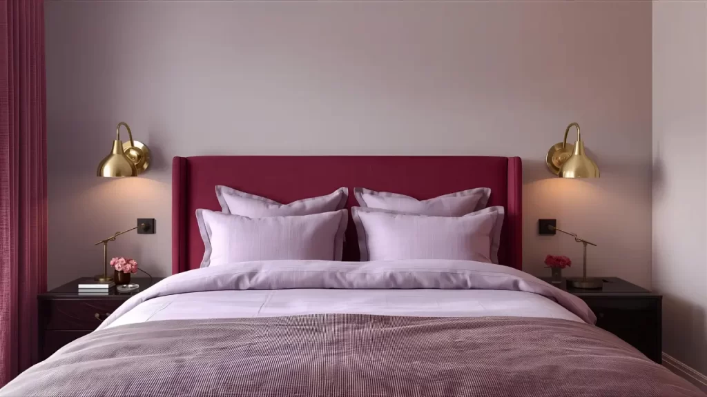 Quarto decorado com paletas maximalistas: vinho intenso, lilás suave e dourado