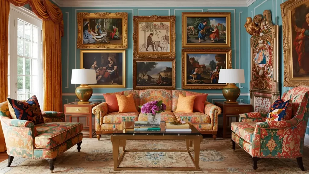 Harmonia no excesso: sala maximalista com elementos do Rococó moderno.