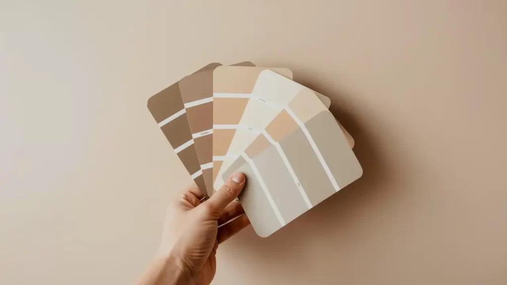 Pessoa testando amostras de tinta em parede para escolher cor tranquila para quarto