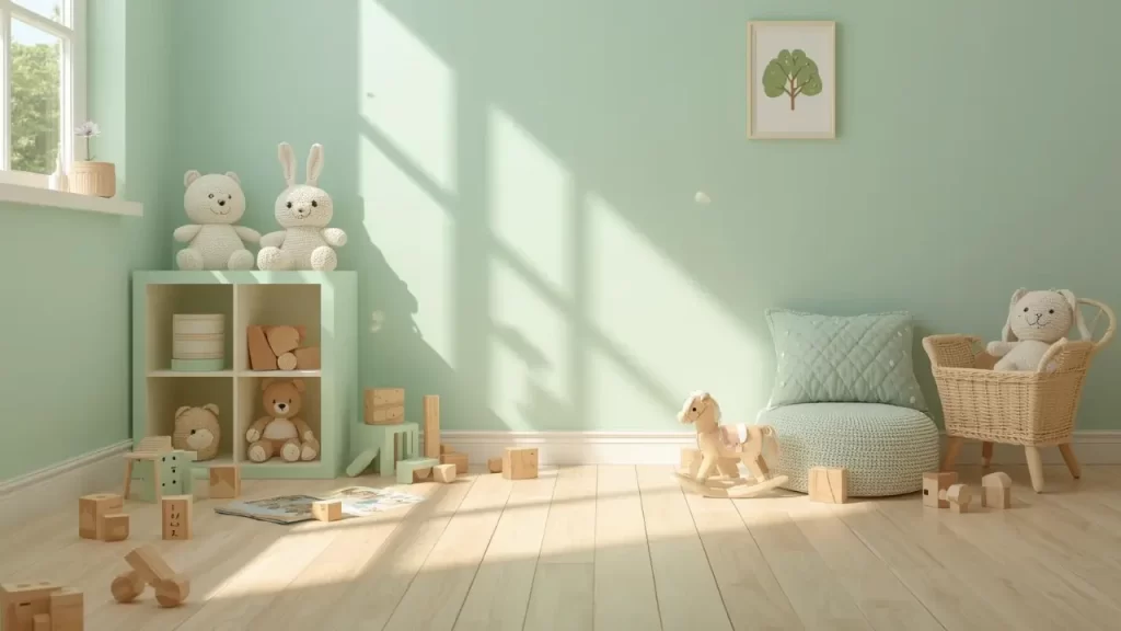 Quarto infantil em verde menta e azul claro com brinquedos de madeira
