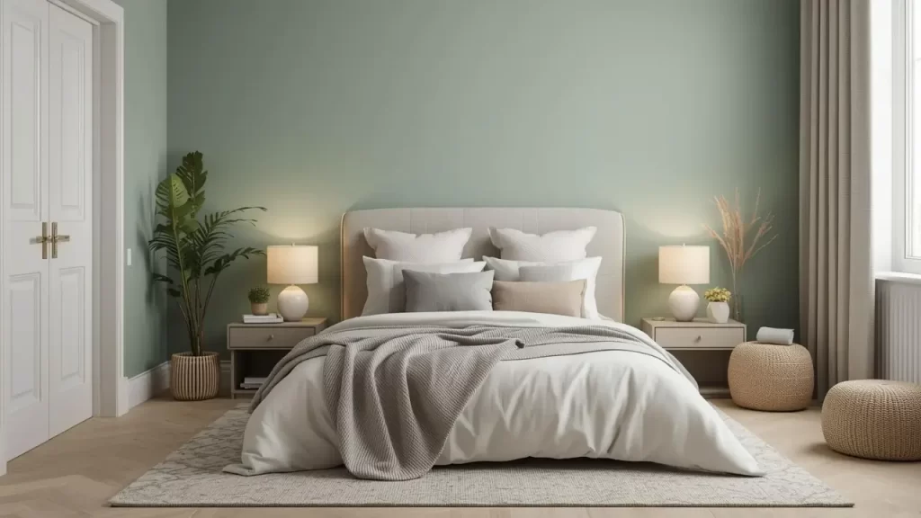 Quarto relaxante com parede verde menta e decoração em cinza quente e bege