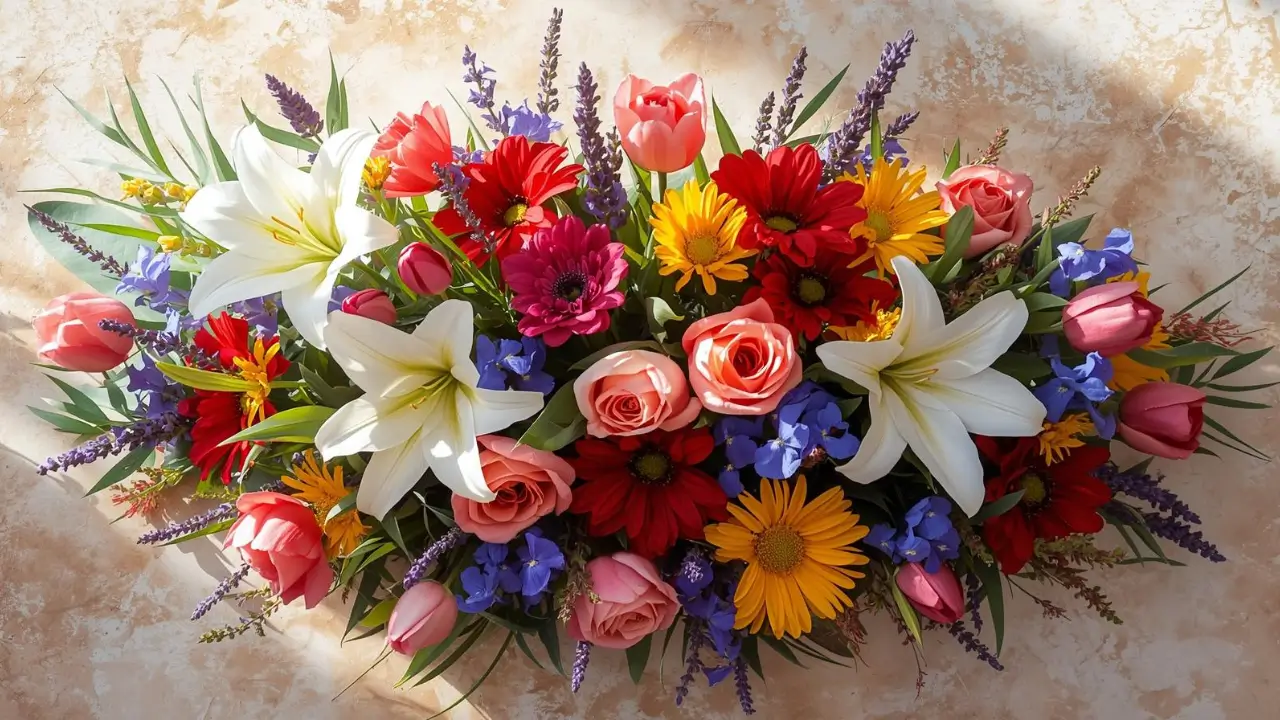 Arranjo colorido representando o significado espiritual das flores e suas energias.