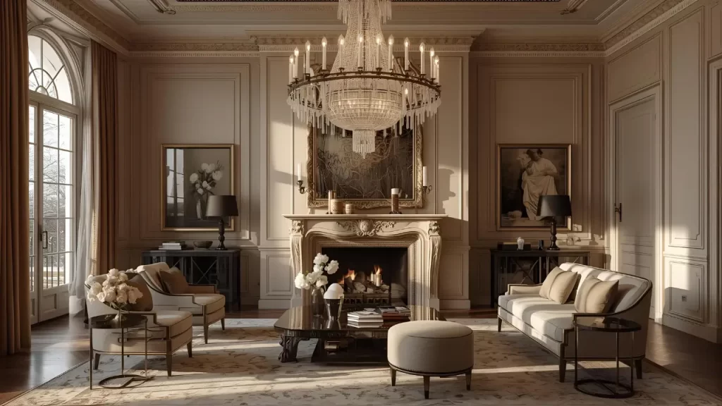 Ambiente teatral com lustre de cristal no estilo Rococó moderno e maximalista.